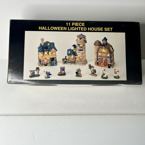 Halloween 11 Pc Ceramic Village Set Haunted Barn Lighted House Ghost Bats - Picture 1 of 12